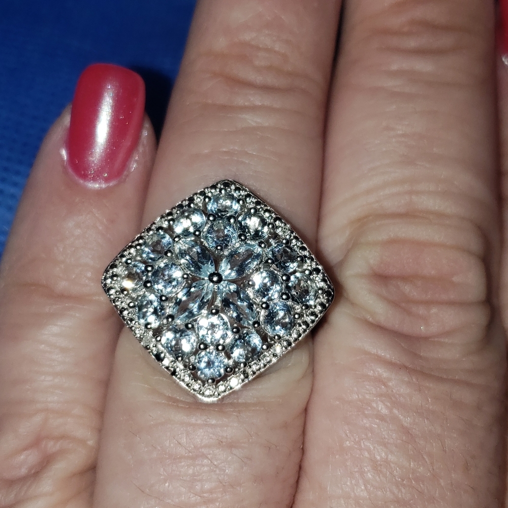 Size 6, Blue Aquamarine Rhodium Over Sterling Silver Ring. 1.88ctw